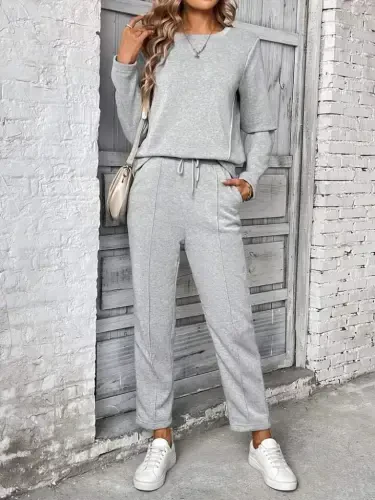 Женский костюм двойка: вискозная двухнитка, длинные рукава, боковые вставки в рубчик и брюки. - 5