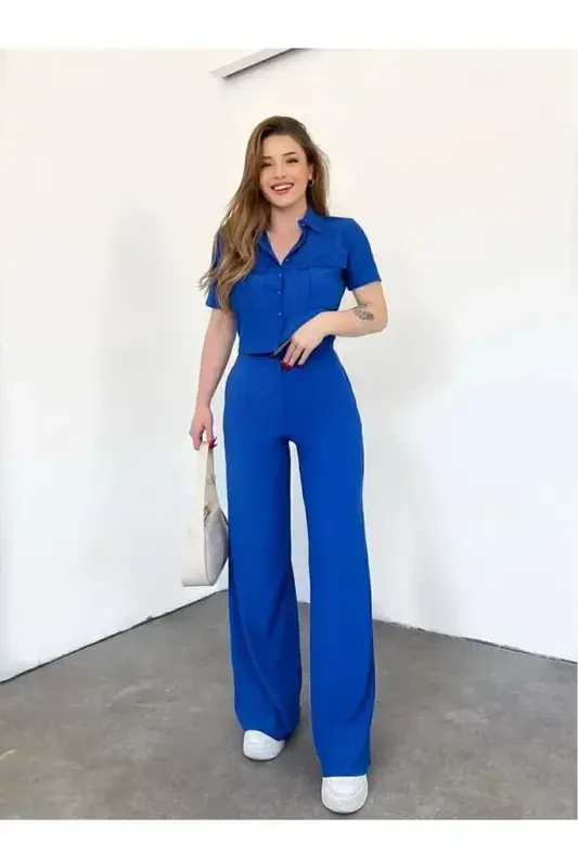 Женский костюм с брюками и клапанами на пуговицах - Сакс - AFIŞ BUTIK