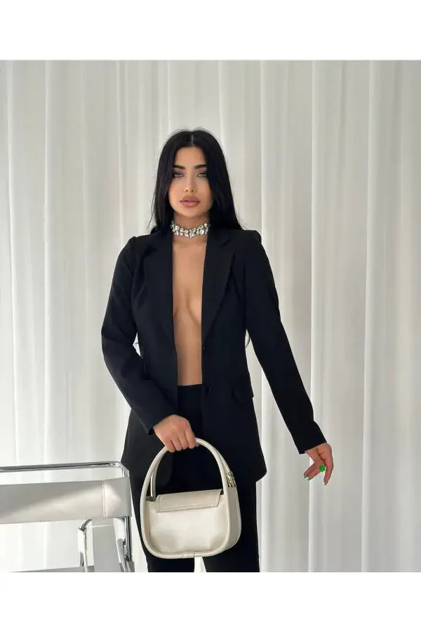 Женский костюм с пиджаком и брюками Черный - 7