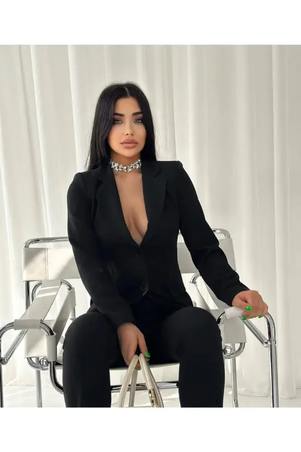 Женский костюм с пиджаком и брюками Черный - 4