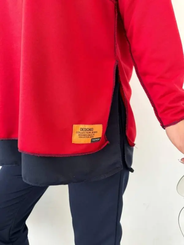 Женский Красный Худи Юбка Подол Деталь Значок Обратный Шов Вид Двойной Комплект - 11