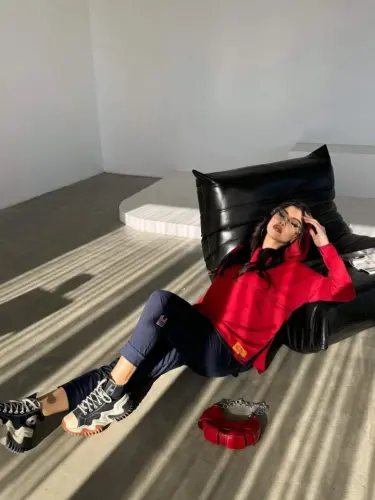 Женский Красный Худи Юбка Подол Деталь Значок Обратный Шов Вид Двойной Комплект - 18