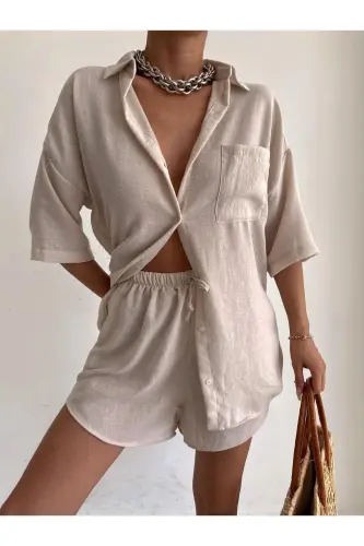 Женский Крем Льняной Ткань Рубашка Шорты Костюм-Крем 