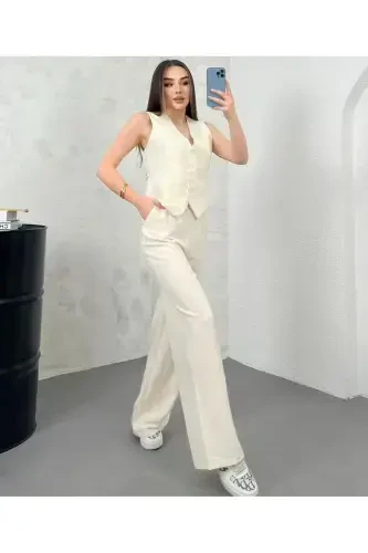 Женский Кремовый Льняной Костюм: Жилет на Подкладке, Брюки Палаццо с Эластичной Высокой Талией 9257-Крем - 3