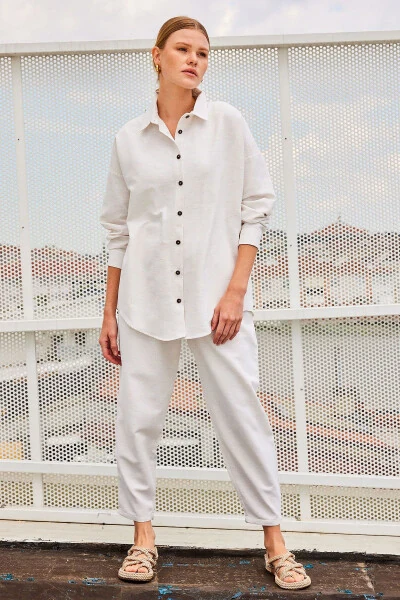 Женский кремовый оверсайз льняной комбинезон 6622 - 18