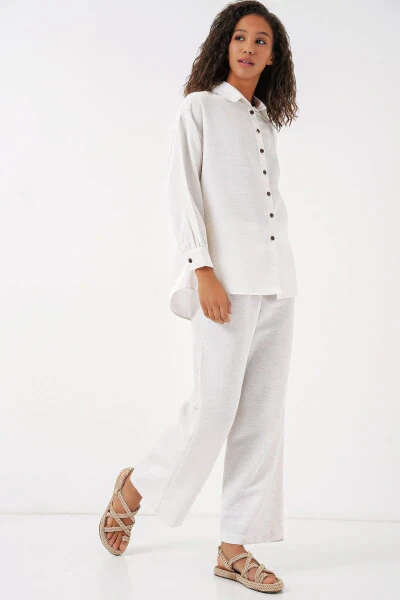 Женский кремовый оверсайз льняной комбинезон 6622 - 3