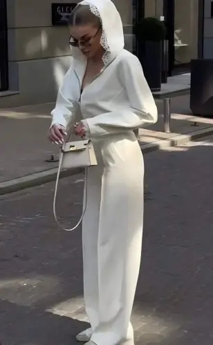 Женский кружевной кардиган с капюшоном и расклешенные брюки, комплект из двух частей - 4