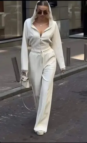 Женский кружевной кардиган с капюшоном и расклешенные брюки, комплект из двух частей - 5