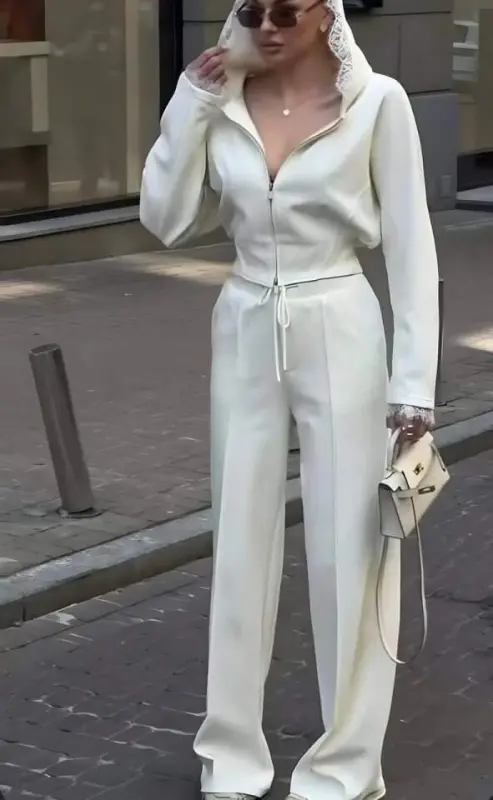 Женский кружевной кардиган с капюшоном и расклешенные брюки, комплект из двух частей - 6