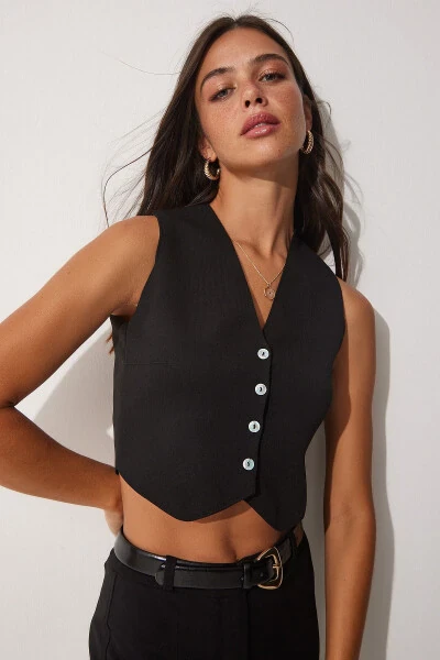 Женский летний трикотажный жилет с черной V-образной горловиной и пуговицами YY00139 - 3