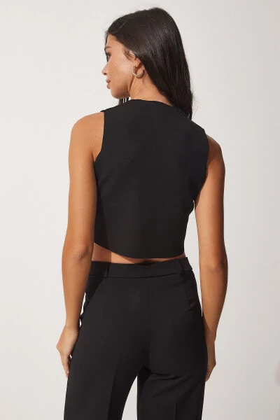 Женский летний трикотажный жилет с черной V-образной горловиной и пуговицами YY00139 - 4