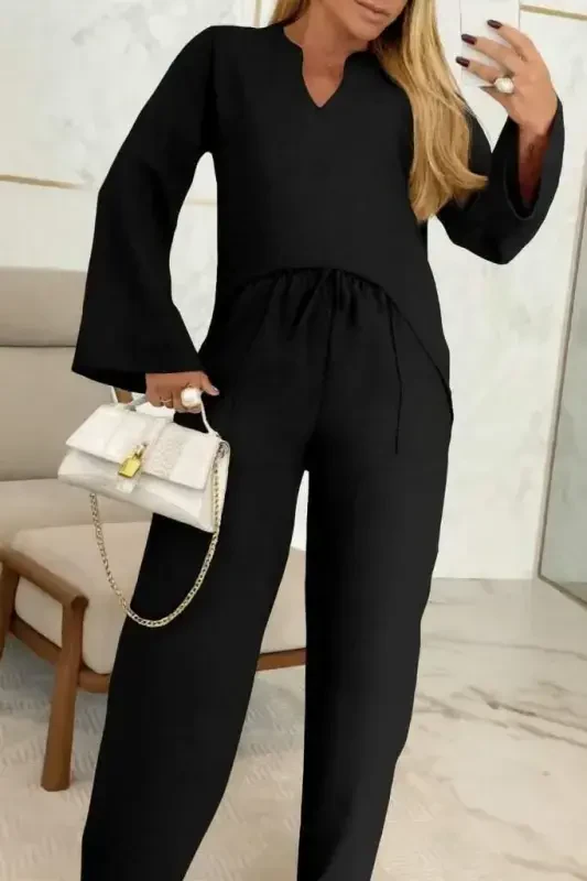 Женский льняной комплект из двух предметов: блузка с длинными рукавами и V-образным вырезом и брюки на шнуровке - BÜYÜKBEDENIZ