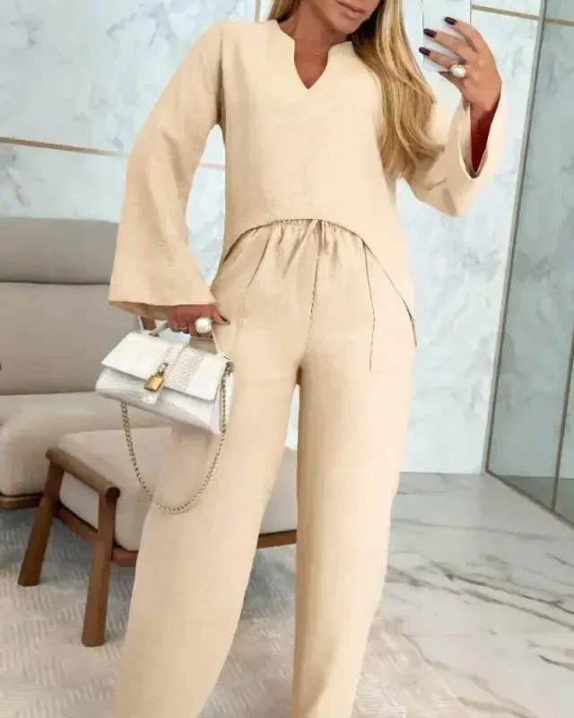 Женский льняной комплект с блузкой с V-образным вырезом и длинными рукавами и брюками на шнуровке - BÜYÜKBEDENIZ