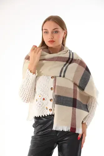 Женский Мягкий Бежево-бордовый Клетчатый Шарф-Бежевый - 3