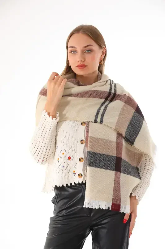 Женский Мягкий Бежево-бордовый Клетчатый Шарф-Бежевый - 3