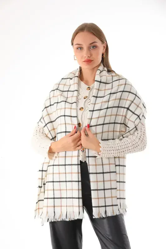 Женский Мягкий Тканый Экрю-камень Клетчатый Шарф-Экрю - 3