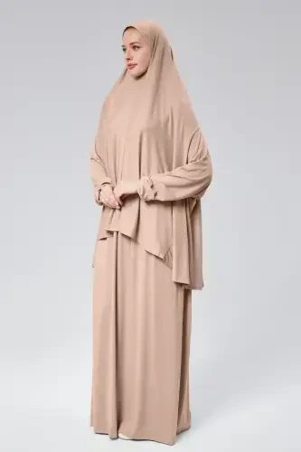 Женский молитвенный костюм из двух частей с платком, органический хлопок, эластичные рукава, нескользящая юбка, трикотаж, скромная одежда - бежевый - 5