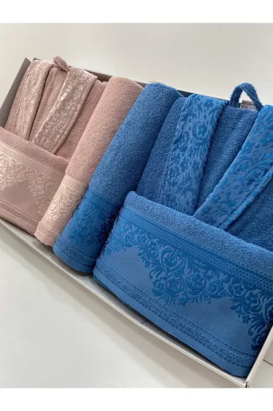 Женский Мужской Семейный Набор Халатов 100% Хлопок-Пудра*Темно-Синий - 1