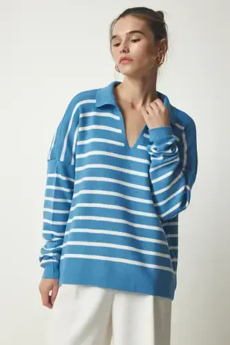 Женский небесно-голубой трикотажный укороченный свитер-поло US00293-небесно-голубой - 1