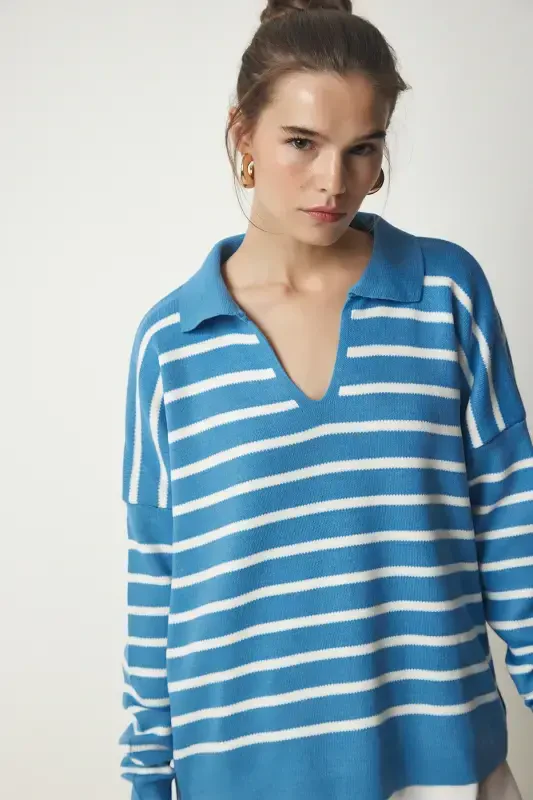 Женский небесно-голубой трикотажный укороченный свитер-поло US00293-небесно-голубой - 3