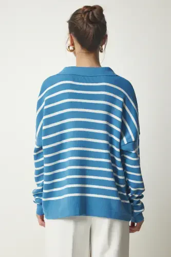 Женский небесно-голубой трикотажный укороченный свитер-поло US00293-небесно-голубой - 5