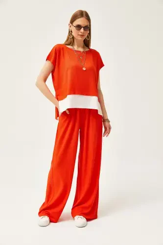 Женский Оранжевый Верх Блузка Низ Брюки Костюм TKM-1900 - 3