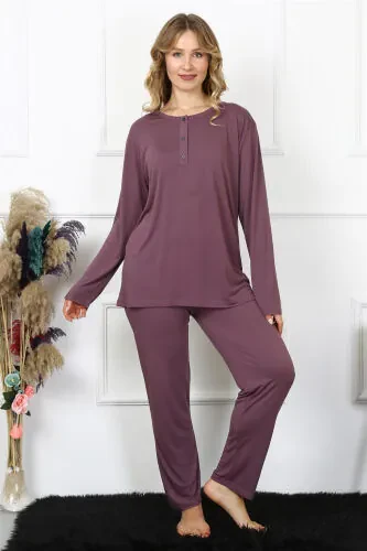 Женский пижамный комплект Akbeniz 4XL-5XL-6XL-7XL-8XL большого размера фиолетового цвета с длинным рукавом 75013 - Modazone
