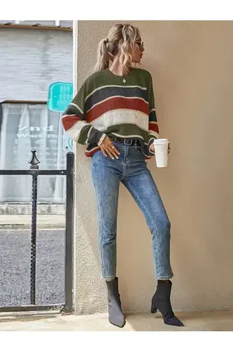 Женский полосатый свитер-ЗЕЛЕНЫЙ - DIER MODA (1)