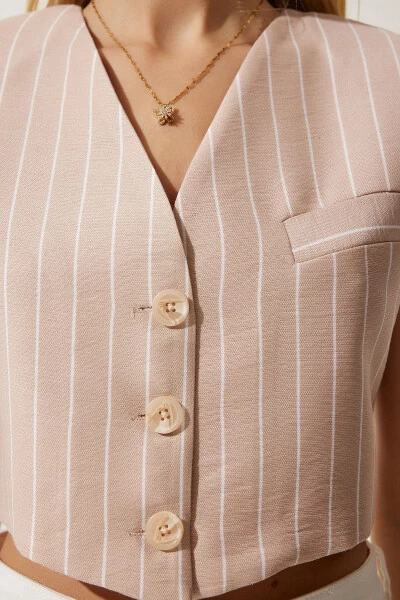 Женский пудровый полосатый мини вязаный жилет TO00125 - 3