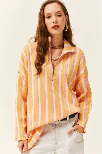 Женский розовый оверсайз свитшот с жаккардовым узором на молнии SWT-19000638 - OLALOOK