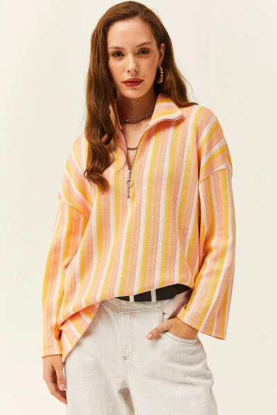 Женский розовый оверсайз свитшот с жаккардовым узором на молнии SWT-19000638 - OLALOOK (1)