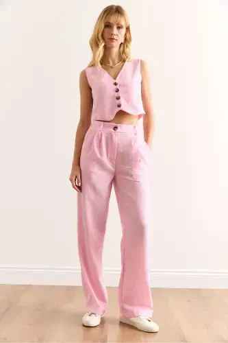 Женский Розовый Топ Жилет Брюки с Нижними Карманами Льняной Вид - 3
