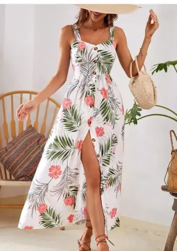 Женский сарафан на бретельках с пуговицами спереди, длинное платье в рубчик с принтом листьев. - BÜYÜKBEDENIZ (1)