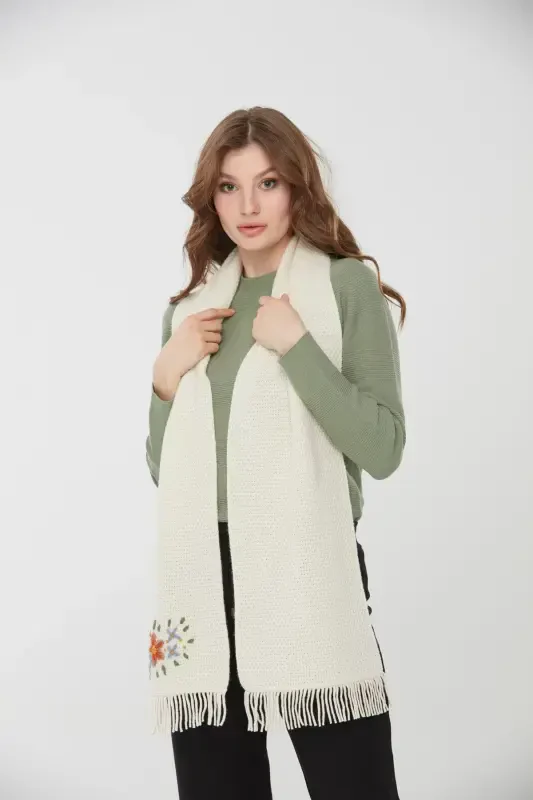 Женский Шерстяной Шарф С Вышивкой Кость-Кость - 3