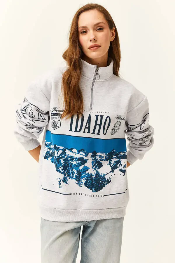 Женский серый меланж на молнии с высоким воротником чертополох оверсайз толстовка - 3