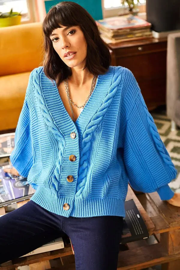 Женский синий вязаный кардиган с толстой кабельной вязкой HRK-19000082 - 2