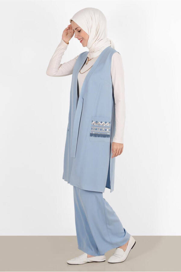 Женский синий жилет с вышивкой и карманами A.Blue 40848 - 6