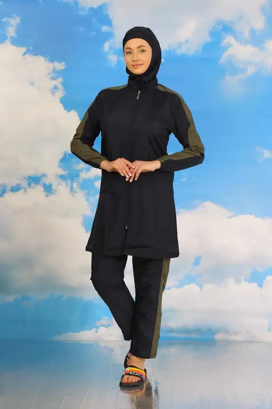 Женский слитный купальник с брюками и полосками на рукавах, темно-синий, 31065 - 4