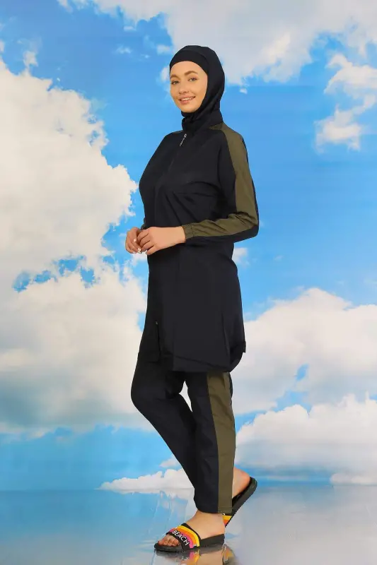 Женский слитный купальник с брюками и полосками на рукавах, темно-синий, 31065 - 5