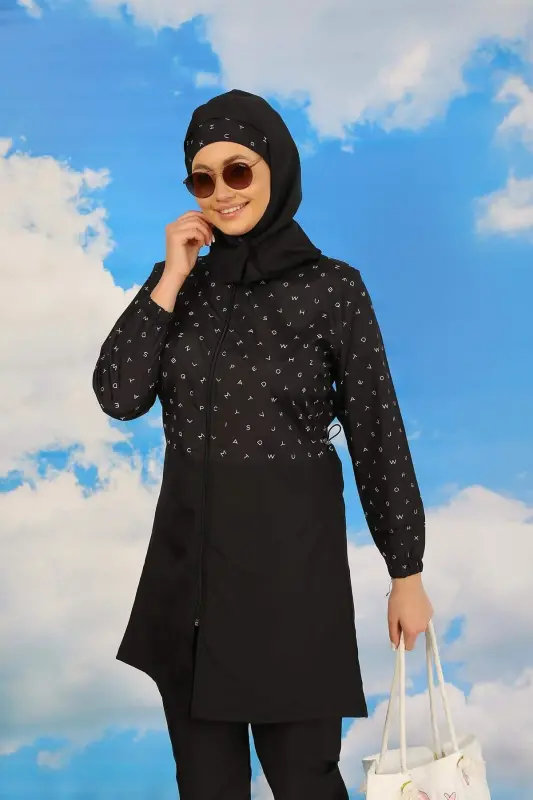 Женский сплошной купальник с брюками и узором Черный 31074 - 1