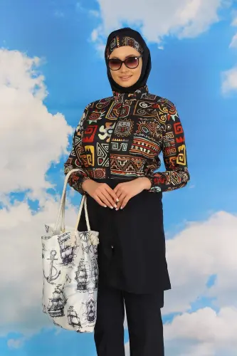 Женский сплошной купальник с брюками и узором в темно-синем цвете 31074 - 1