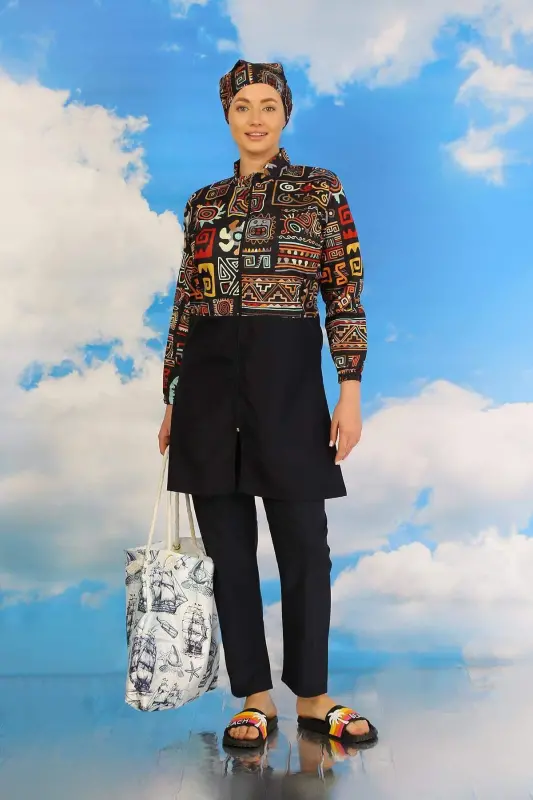 Женский сплошной купальник с брюками и узором в темно-синем цвете 31074 - 2