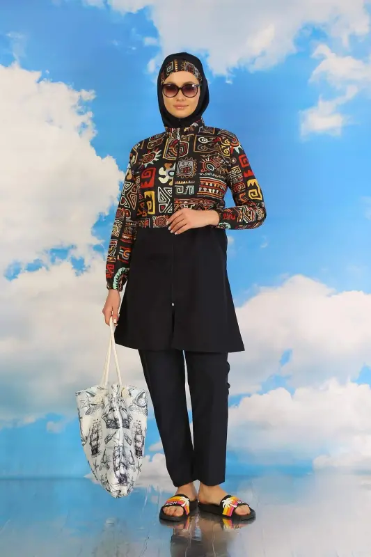 Женский сплошной купальник с брюками и узором в темно-синем цвете 31074 - 3