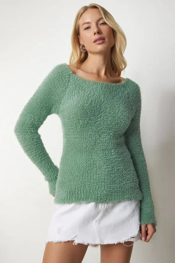 Женский свитер из трикотажа с лодочкой и фактурным плетением цвета бирюзы NF00070 - 4