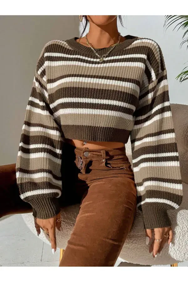 Женский свитер кроп с полосками из трикотажа в стиле Салоники - 1