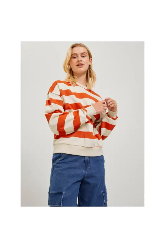 Женский свитшот Jack&Jones, свободный крой, полосатый, красно-экру, 12243288 - 2