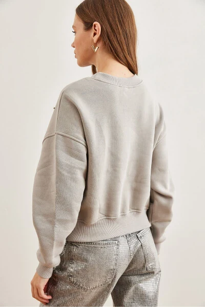 Женский свитшот Yunus с серым жемчугом, цветочным узором и короткой талией SWT-19000663 - Olalook (1)