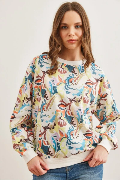 Женский свободный свитшот с акварельным принтом Ecru Basic из мягкого фактурного материала SWT-19000457 - OLALOOK (1)