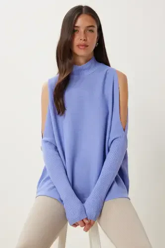 Женский Темно-лиловый Трикотажный Свитер Оверсайз с Вырезами AS00015-Темно-лиловый - 1