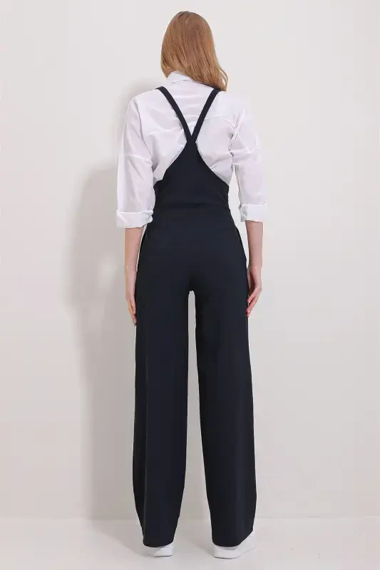 Женский темно-синий комбинезон с лямками и двумя карманами из лайкры ALC-X11539-LACİVERT - 5